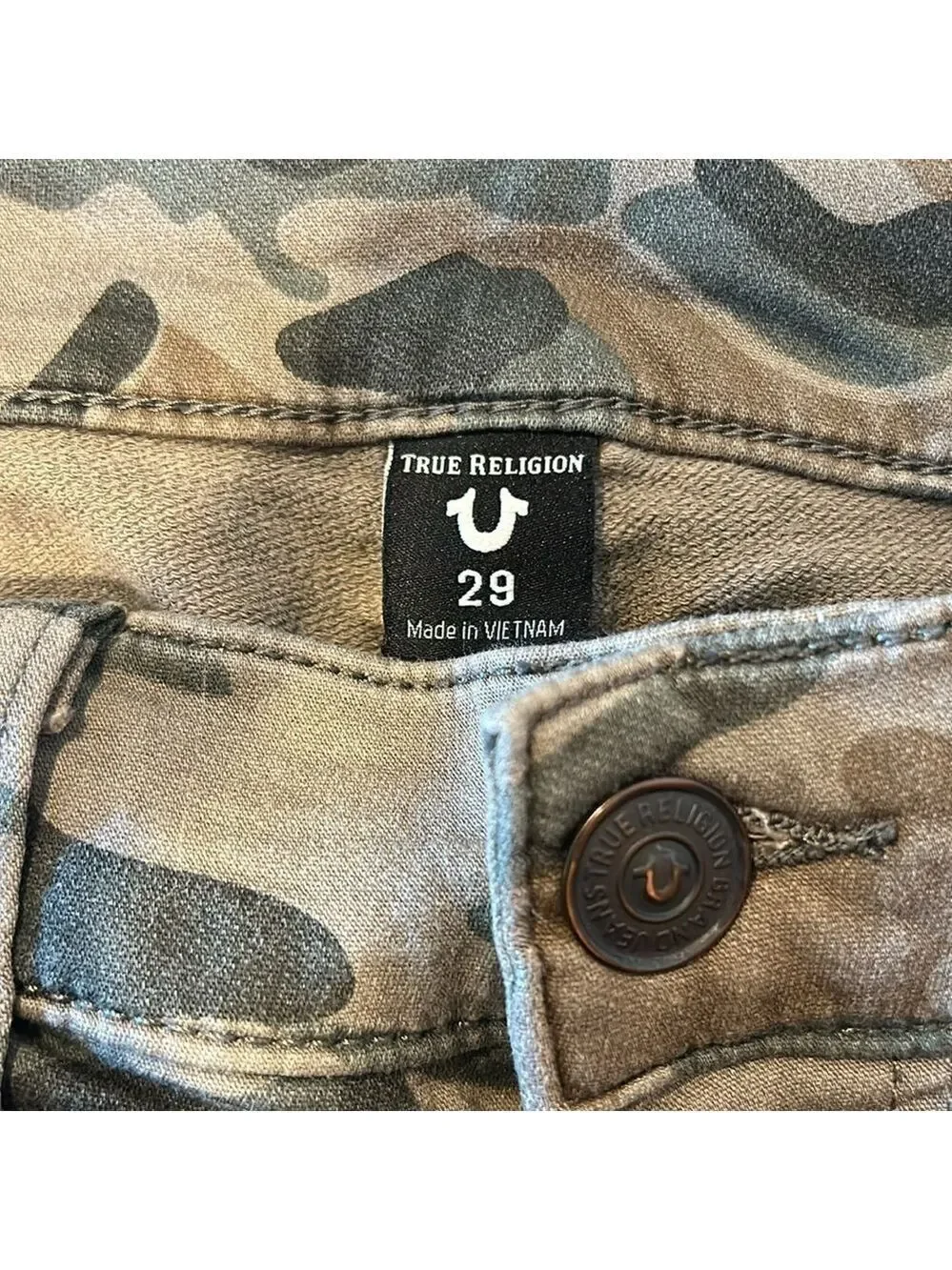 True Religion Men's Army Green Camo Finn Slim Tapered Adjustable Waist Jeans 29